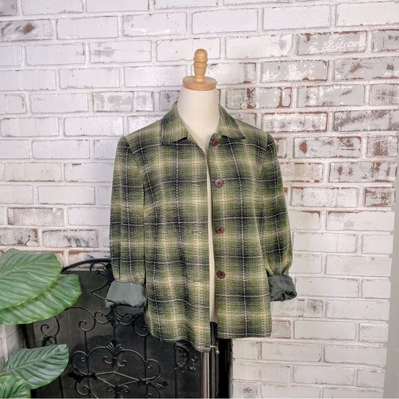 Vintage 90s Sag Harbor Green Plaid Womens Long Sleeve Button-down  Blazer Jacket - Picture 1 of 9